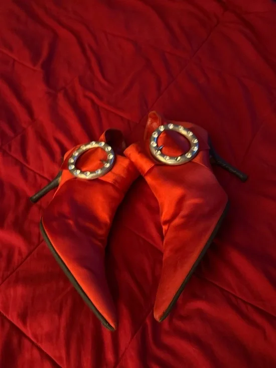 Red Satin Pointed Toe Heeled Mules with Decorative Buckle - Picture 1 of 6